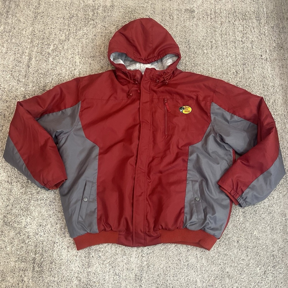 Bass Pro Shops Jacket Mens 2XL Red Gray Winter Coat Hooded Quilted Fishing